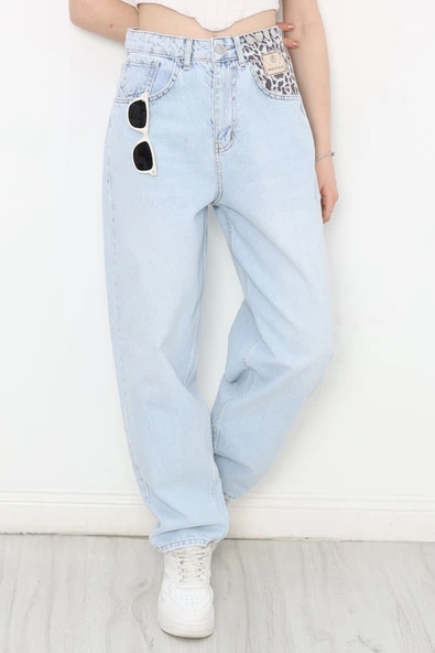 Leopar Detay Baggy Kot Pantolon Açıkmavi - Resim 3