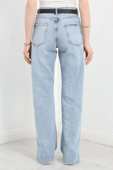 Paça Yırtmaçlı Kemerli Palazzo Kot Pantolon Açıkmavi - 7