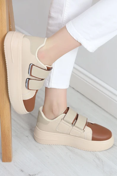 Kalın Taban Çift Bant Günlük Ayakkabı Bejkahve - Resim 4