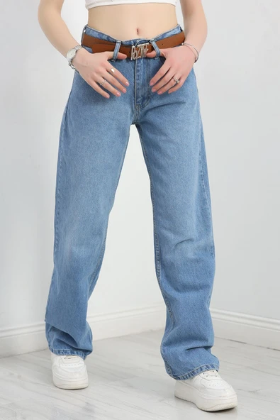 Kemerli Straight Kot Pantolon Açıkmavi - 5