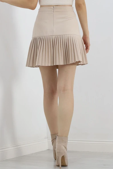 Pileli Mini Etek Bej - Resim 7