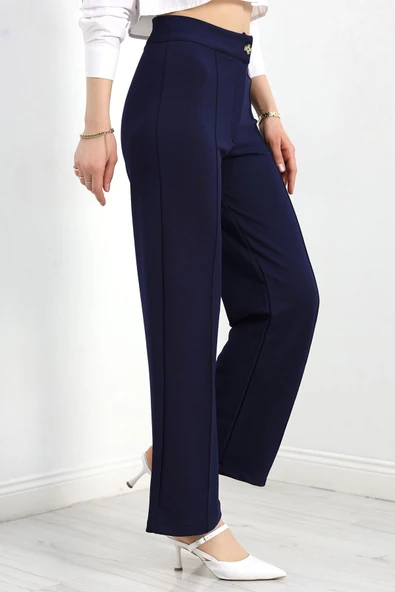 Zra Krep Çımalı Palazzo Pantolon Lacivert - 6
