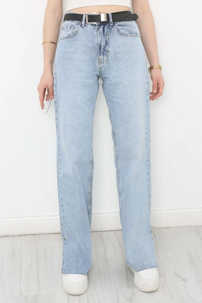 Paça Yırtmaçlı Kemerli Palazzo Kot Pantolon Açıkmavi - 3