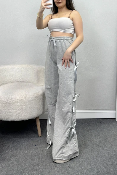 Kurdele Detaylı Eşofman Altı Gri