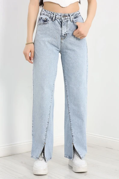 Yırtmaç Detaylı Palazzo Kot Pantolon Buzmavi