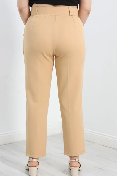 Büyük Beden Kemerli Kumaş Pantolon Bisküvi - 3