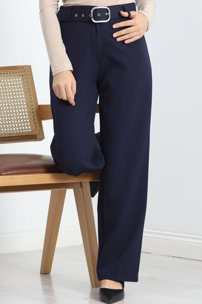 Double Kumaş Kemerli Bol Paça Pantolon Lacivert - 7