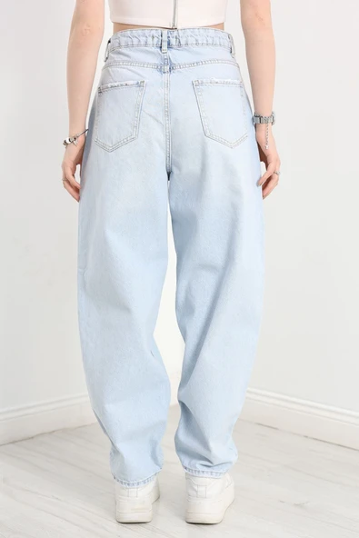 Leopar Detay Baggy Kot Pantolon Açıkmavi - Resim 6