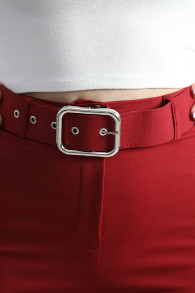 Kemerli Palazzo Pantolon Bordo - Resim 4