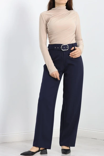 Double Kumaş Kemerli Bol Paça Pantolon Lacivert - 2