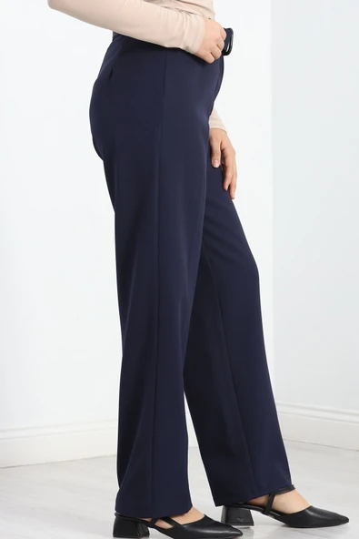 Double Kumaş Kemerli Bol Paça Pantolon Lacivert - 5