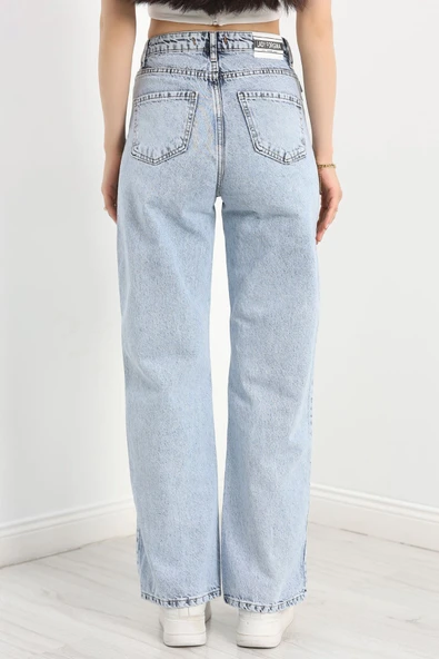 Yırtmaç Detaylı Palazzo Kot Pantolon Buzmavi - 6