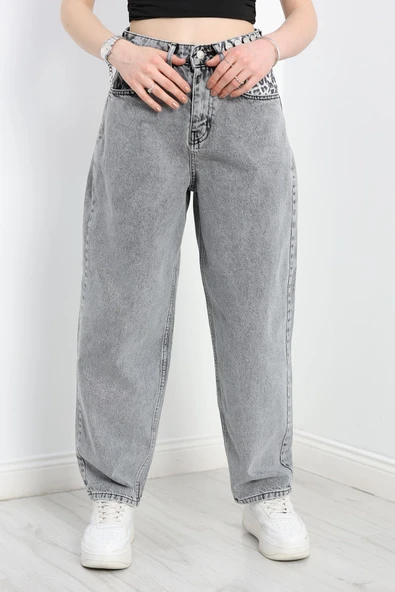 Leopar Detay Baggy Kot Pantolon Gri ürün görseli
