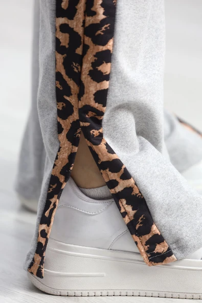 Yırtmaçlı Şeritli 2 İplik Eşofman Altı Gri - 4