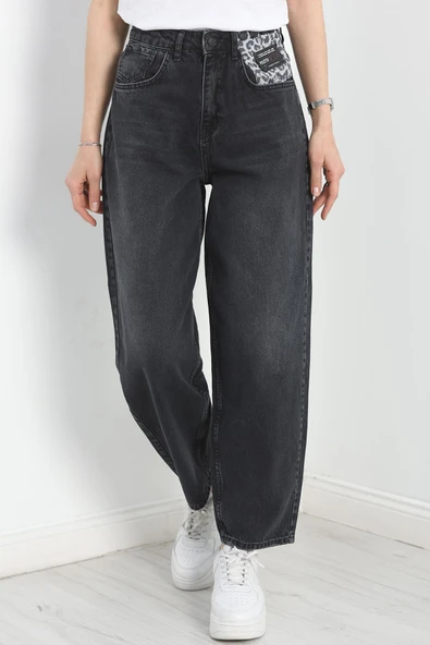 Leopar Detay Baggy Kot Pantolon Füme