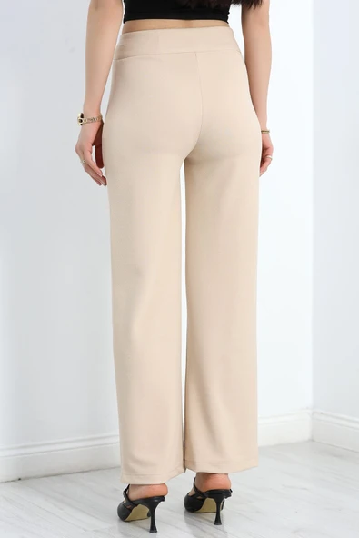 Zra Krep Çımalı Palazzo Pantolon Bej - 7