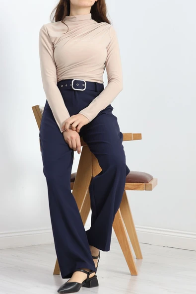 Double Kumaş Kemerli Bol Paça Pantolon Lacivert - 9