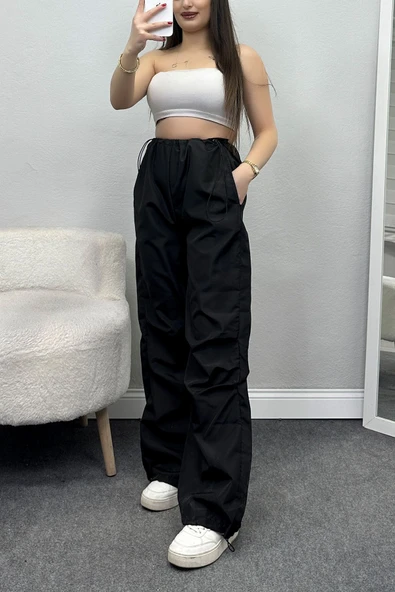 Stoperli Paraşüt Kumaş Eşofman Altı Siyah