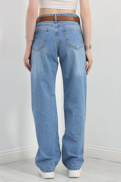 Kemerli Straight Kot Pantolon Açıkmavi - 8