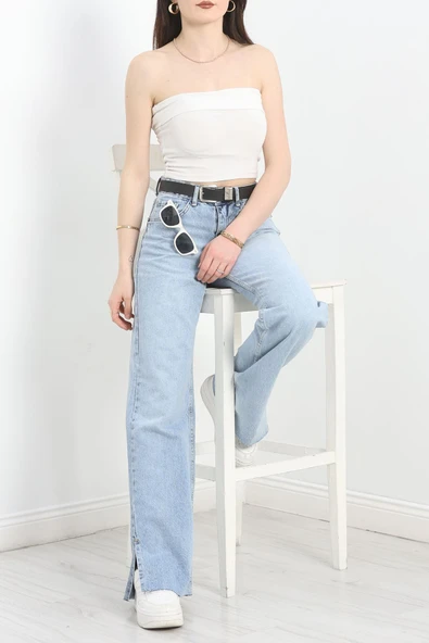 Paça Yırtmaçlı Kemerli Palazzo Kot Pantolon Açıkmavi - 2