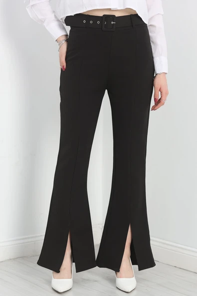 Kemerli İspanyol Paça Pantolon Siyah