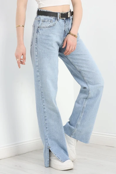 Paça Yırtmaçlı Kemerli Palazzo Kot Pantolon Açıkmavi