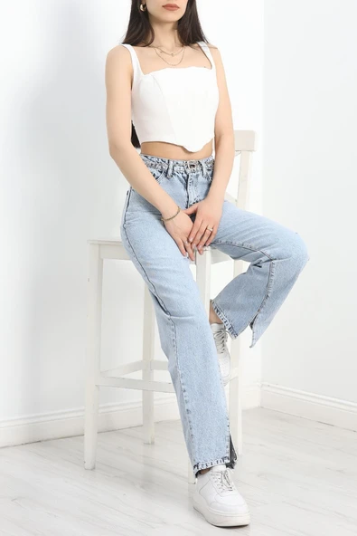 Yırtmaç Detaylı Palazzo Kot Pantolon Buzmavi - 5