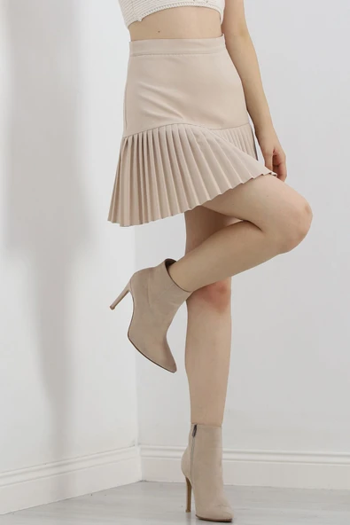 Pileli Mini Etek Bej - Resim 5