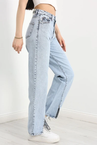 Yırtmaç Detaylı Palazzo Kot Pantolon Buzmavi - 3