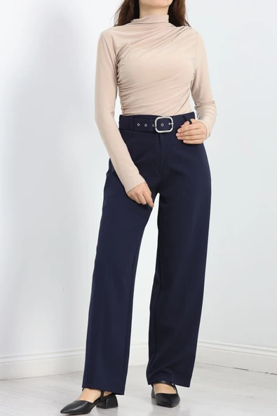 Double Kumaş Kemerli Bol Paça Pantolon Lacivert - 6