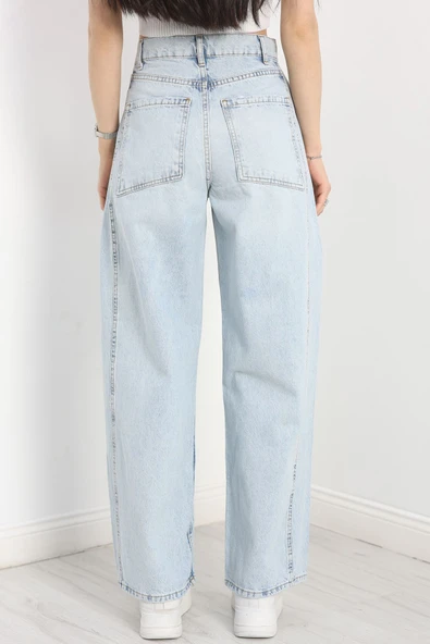 Büzgü Detaylı Baggy Kot Pantolon Buzmavi - 2