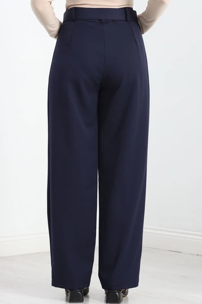 Double Kumaş Kemerli Bol Paça Pantolon Lacivert - 10