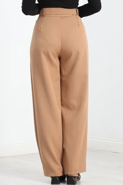 Double Kumaş Kemerli Bol Paça Pantolon Bisküvi - 7