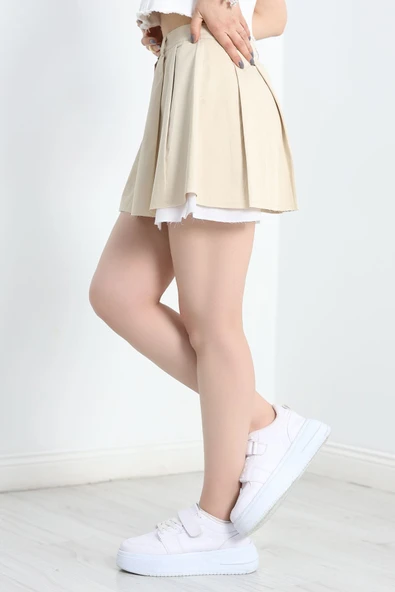 Pileli Astarlı Mini Etek Bej - 3