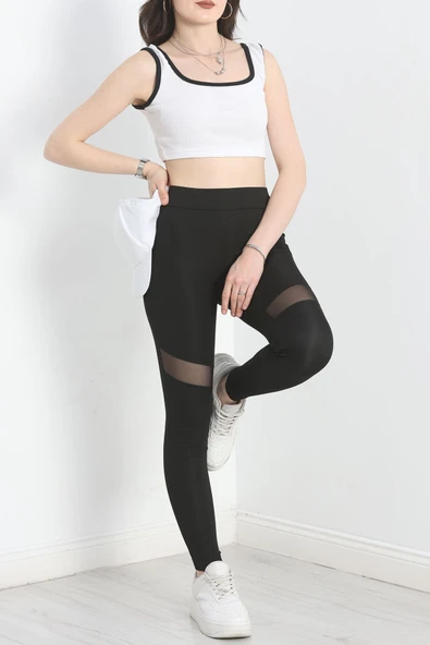 Tül Detaylı Dalgıç Tayt Siyah - 2