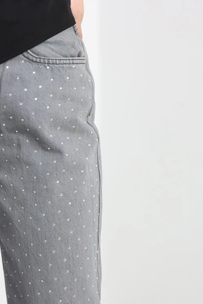 Taşlı Palazzo Kot Pantolon Gri - 6