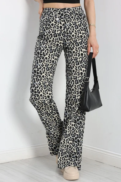 Yırtmaçlı Palazzo Kot Pantolon Leopar - Resim 6