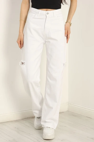 Lazer Kesim Palazzo Kot Pantolon Beyaz