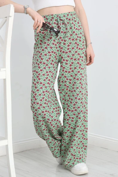 Desenli Keten Pantolon Yeşilfuşya - 5