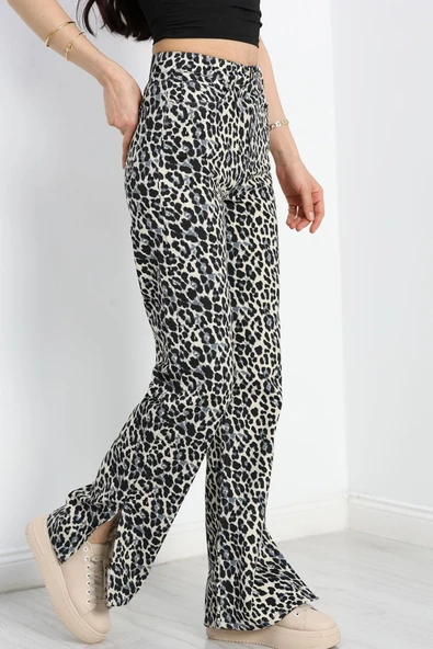 Yırtmaçlı Palazzo Kot Pantolon Leopar - Resim 3