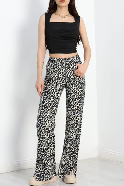 Yırtmaçlı Palazzo Kot Pantolon Leopar - Resim 5