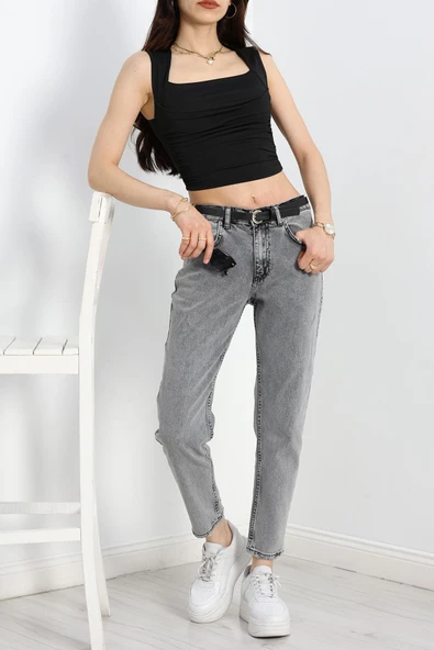 Yüksek Bel Kot Pantolon Gri - Resim 4