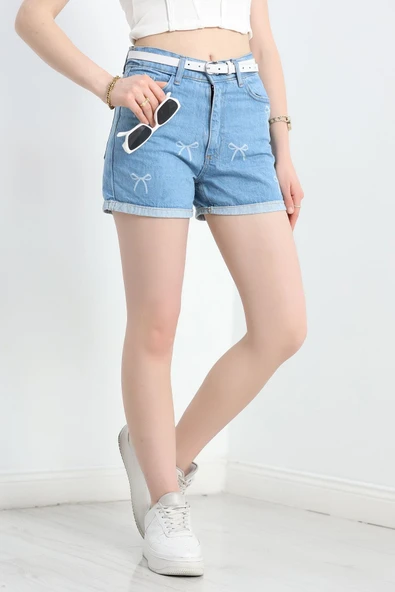 Lazerli Kot Şort Mavi - 5