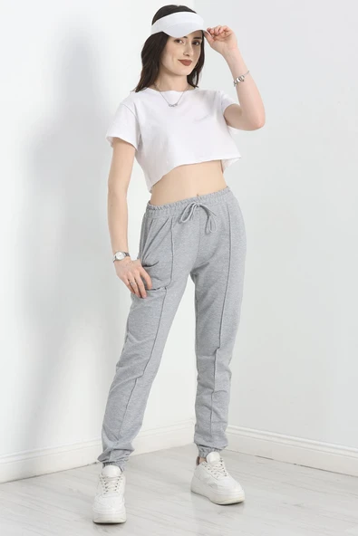 Paça Lastikli Çımalı Eşofman Altı Açıkgri - 3