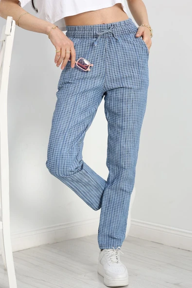 Tasarım Kumaş Lastikli Kot Pantolon Mavi1 - 5