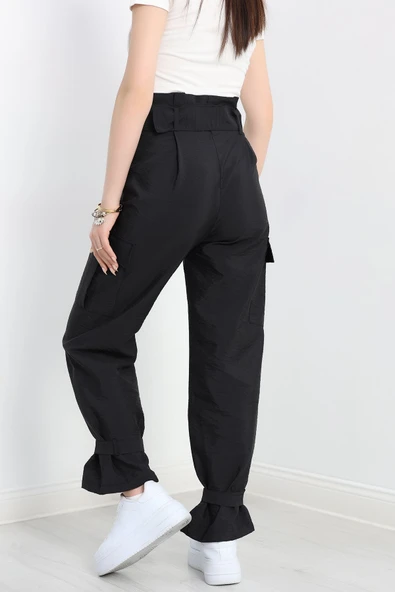 Kemerli Paraşüt Kumaş Pantolon Siyah - 7