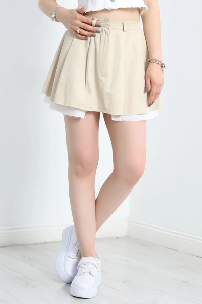 Pileli Astarlı Mini Etek Bej