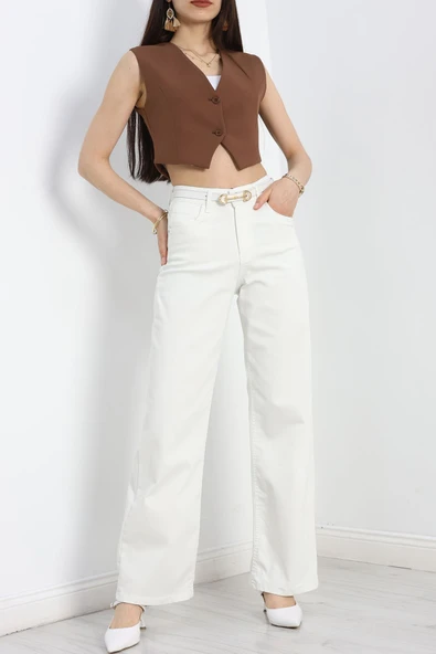 Likralı Palazzo Kot Pantolon Beyaz - Resim 2