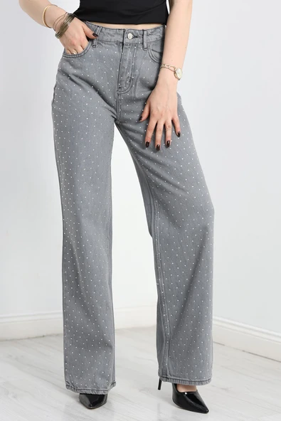 Taşlı Palazzo Kot Pantolon Gri