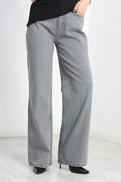 Taşlı Palazzo Kot Pantolon Gri - 5